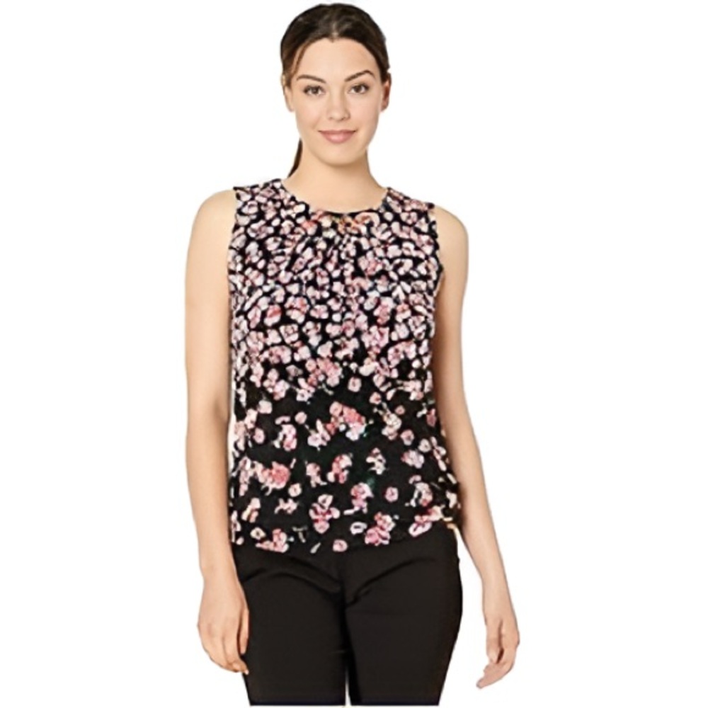 Calvin Klein CK Women's Floral Pleat Neck Cami Camisole w Hardware Blouse Top L